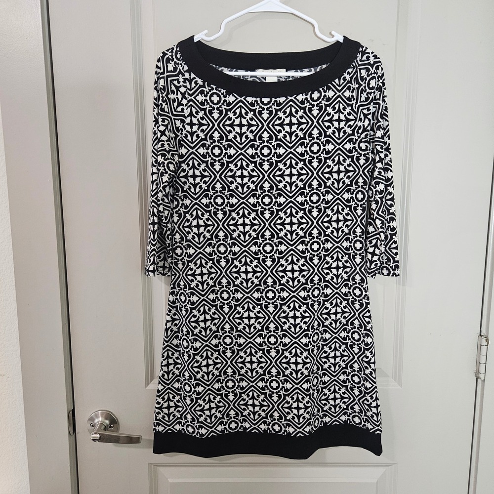 White House Black Market Geometric Tile Print Shift Dress Black White S